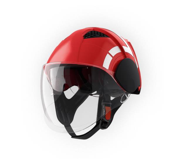 Elmetto per operatori antincendio colore rosso con occhiali visiera esterna 